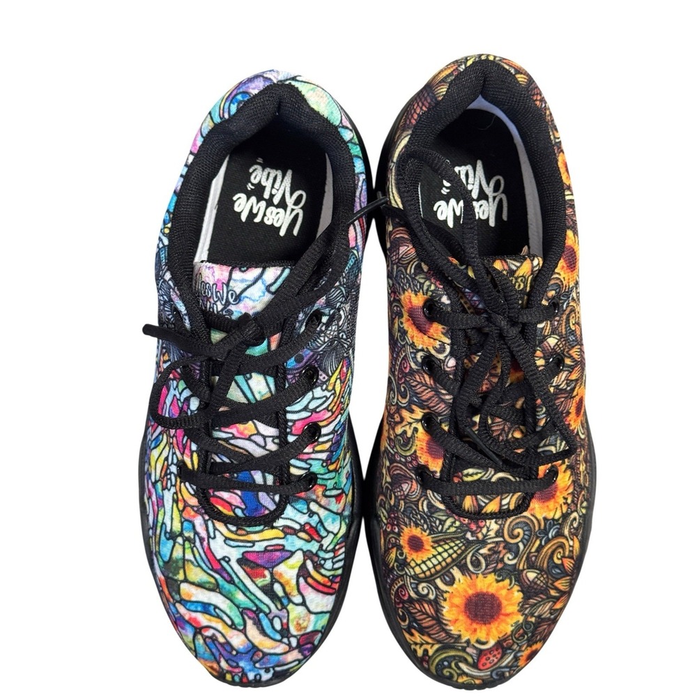 Yes We Vibe Womens Sz 7 Sneakers Mismatched Sunflowers Colorful Art Shoes